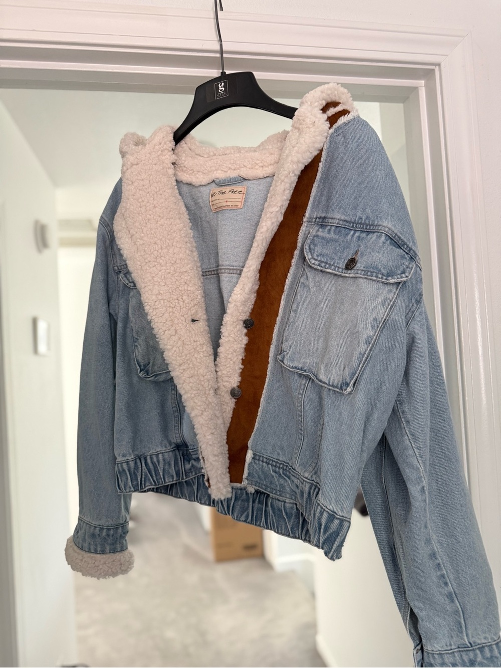 Free People Light Blue Denim Jacket with Brown Sherpa Hood - Picture 4 of 11